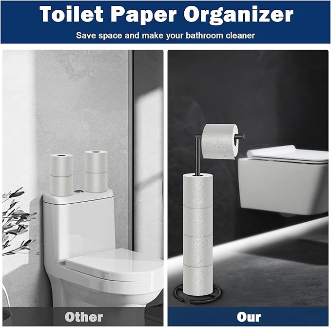 NearMoon Bath Toilet Paper Holder Stand- Modern Tissue Roll Holder Standing with Balanced Base, Rustproof Toilet Roll Holder for Bathroom/Kitchen Countertop (Matte Black, Metal Base)