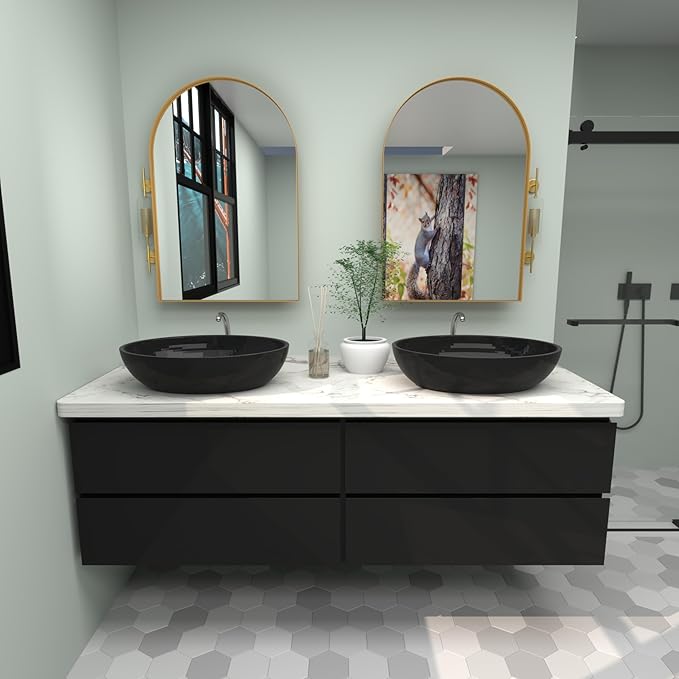 24" WX36 H Farmhouse Framed Medicine Cabinet with Mirror, Matte Gold Finish, Recessed or Surface Mount, Adjustable Shelves, Arched Cabinet Door, Arched Shape, Easy to Install, 24x36 Cabinet