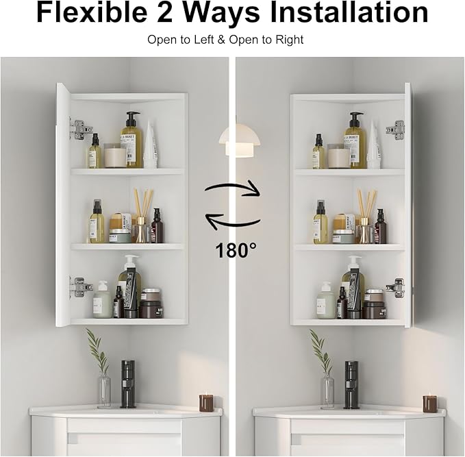 Corner Medicine Cabinet with Mirror,Bathroom Small Corner Medicine Cabinet, Wall Mount Bathroom Storage Cabinet,Opens Left & Right,Triple Shelf,12.6" W x 7.3" D x 23.6" H