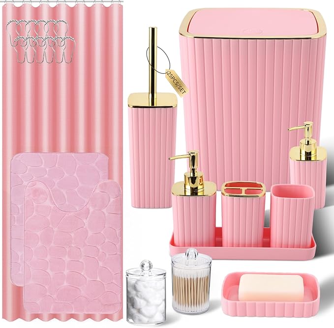 XLHOMO Bathroom Set with Shower Curtain and Rugs- 25PC Bathroom Accessory Set, Pink Bathroom Set, Toilet Brush, Trash Can, Qtip Holder & Soap Dispenser