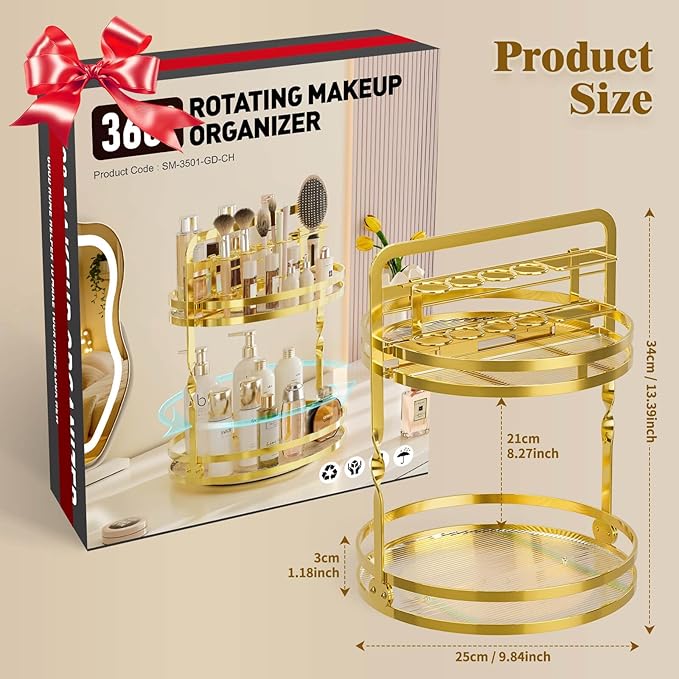 360 Rotating Makeup Organizer Vanity, Gold Perfume Organizer for Dresser, 2 Tier Bathroom Organizer Countertop,Spinning Cosmetic Display Lazy Susan for Women,Skincare Storage with Brush Holder