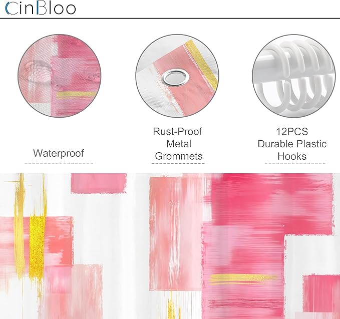 Cinbloo 4Pcs Pink Gold Shower Curtain Set, Modern Abstract Girls Girly Ombre Blush Oil Painting Bathroom Curtain with Rug, Toilet Lid Cover, Bath Mat, Geometry Minimalist Shower Curtain with 12 Hooks