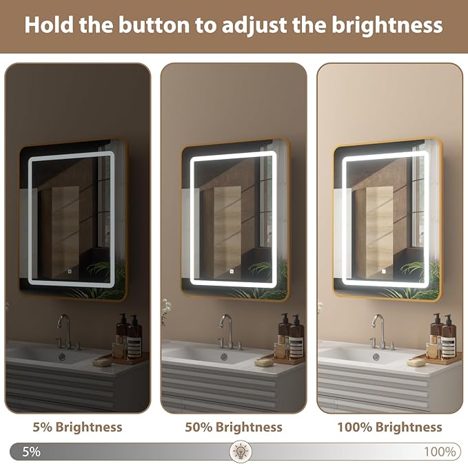 LOVMOR Led Medicine Cabinet with Mirror, Bathroom Vanity Mirror Cabinet with Shelves, 3-Color Lights Dimmer, Gold 30" H x 24" W