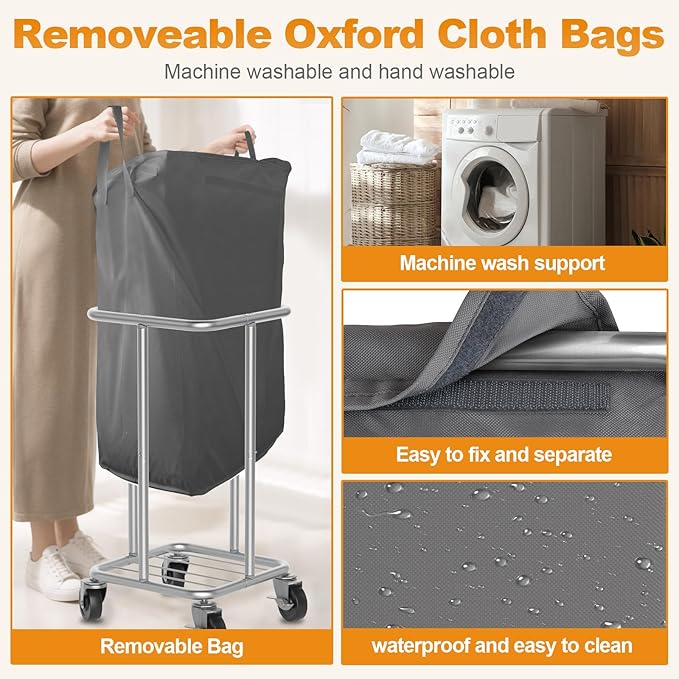 Hodonas 115L Laundry Basket with Wheels, 30 Gal. Rolling Laundry Hamper, Removable and Machine Washable Liner, Steel Frame, Tall Laundry Cart for Laundry Room, Bedroom, Bathroom, Dorm Storage -Gray