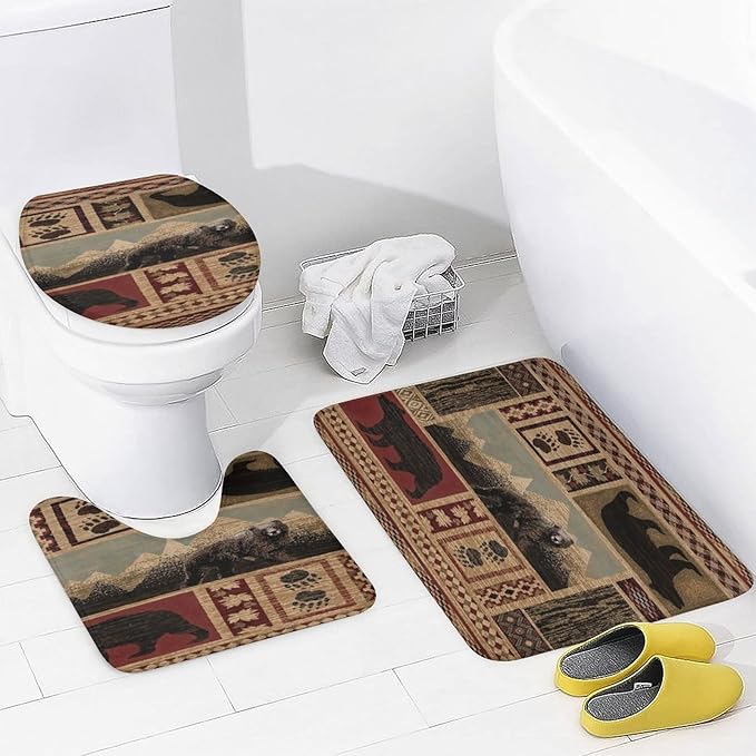 Rustic Cabin Bear Shower Curtain Sets with Rugs 4 Piece Accessories Bathroom Curtains Shower Set Include Shower Curtain Non-Slip Rug Toilet Lid Cover Bath Mat One Size