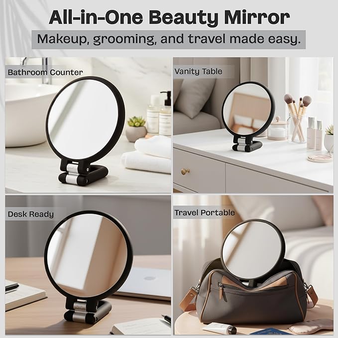 Danielle Creations 3-in-1 Folding Hand Held Compact Travel Makeup Mirror, 15x Magnification, Black
