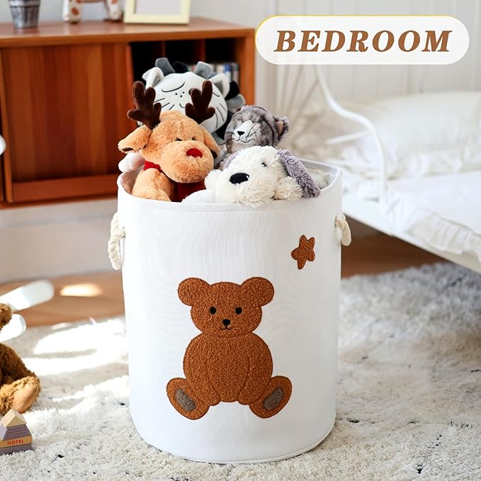 INough Large Laundry Basket Tall Baskets Storage for Dirty Clothes, Toys Storage Bins Baby Hamper 58L Clothes Hamper Blanket Basket Baby Toys Organizer for Nursery Bedroom Living Room Decor, Bear