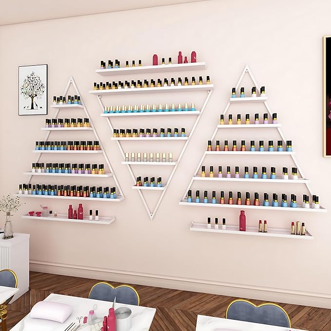 Wall-Mounted Nail Polish Rack, Set of 6 Triangular White Nail Polish Shelf Lipstick Perfume Cosmetic Display Shelf for Home Spa Nail Salon Shop