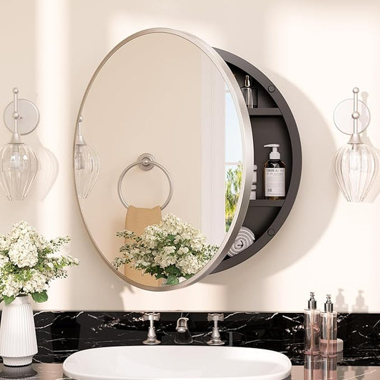 TETOTE 20 x 20 Inch Medicine Cabinet Mirror Brushed Nickel Framed Round Mirrored Medicine Cabinets for Bathroom Adjustable Shelves Modern Bathroom Mirror with Storage Wall Mounted
