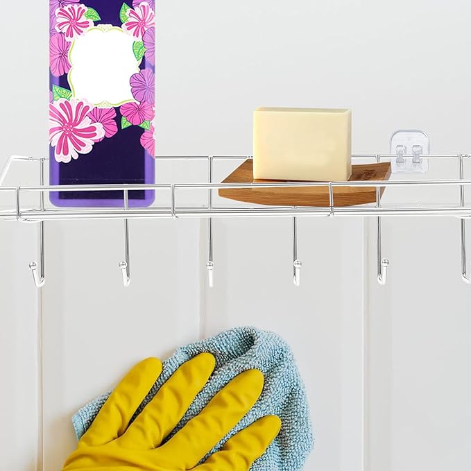 BESPORTBLE Stainless Steel Bathroom Shelf with Suction Cups, Punch-Free Wall-Mounted Storage Rack with Hooks for Kitchen and Bathroom Organization