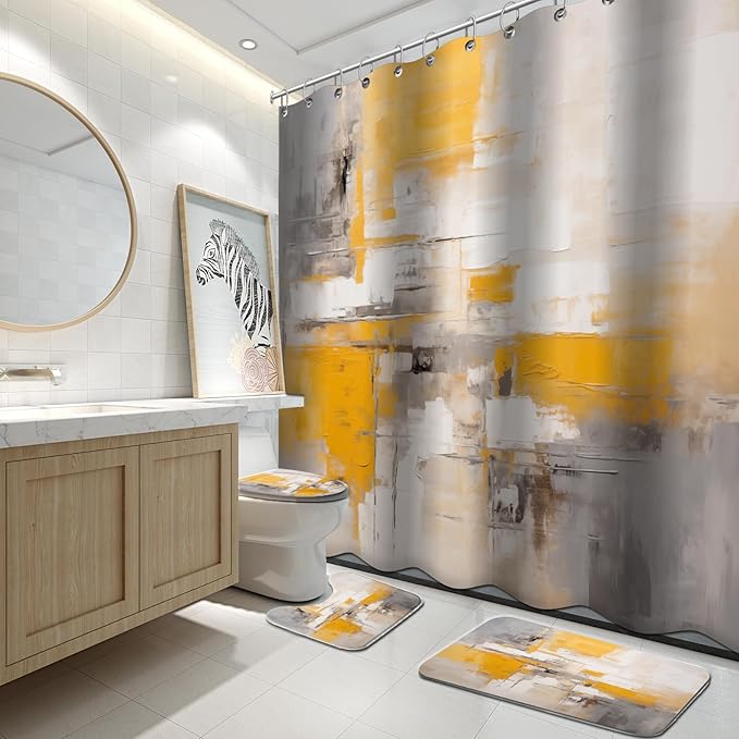 Lnond 4Pcs Bathroom Shower Curtain Sets with Rugs,Yellow Grey Ombre Bathroom Sets with Shower Curtain and Rugs and Accessories