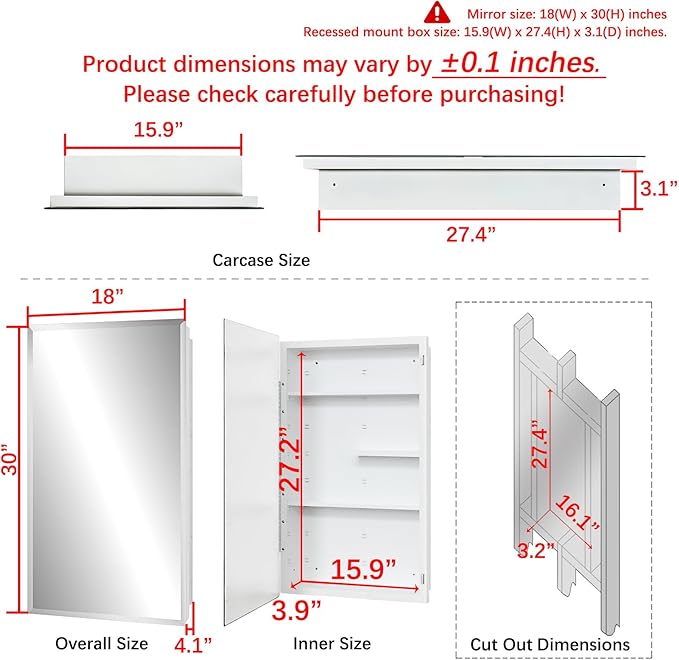 Fundin White Medicine Cabinet Recessed or Surface Mount, Bathroom Medicine Cabinet with 18 x 30 Beveled Mirror and Adjustable Staggered Shelves, Wall Mount