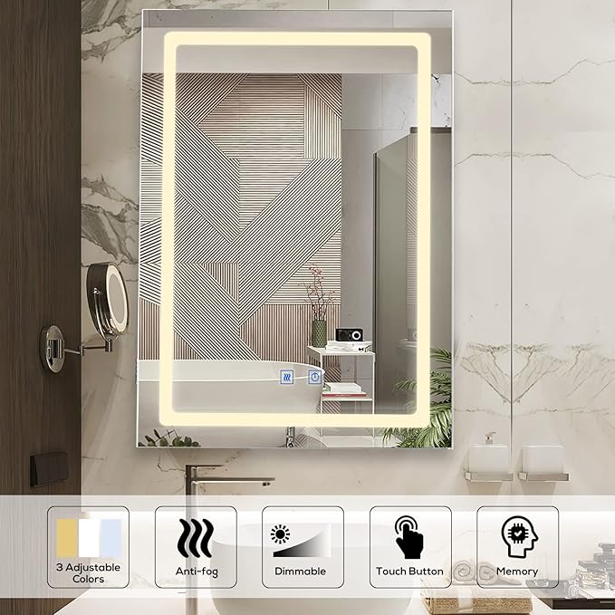 VOWNER Anti-Fog Lighted Bathroom Medicine Mirror Cabinet, Medicine Cabinet with Mirror and Lights, Dimmable, Adjustable Shelves, Memory 3-Color Mode(Engineered Wood, 24"×32")