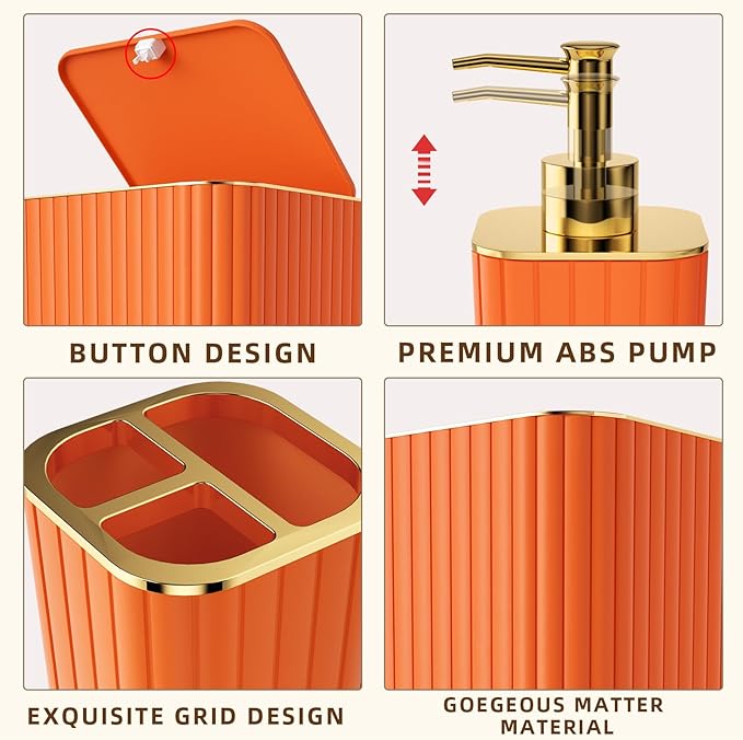 XLHOMO Bathroom Set - 26PC Bathroom Set with Shower Curtain and Rugs, Bathroom Accessory Set, Orange Bathroom Accessories Set, Trash Can & Soap Dispenser