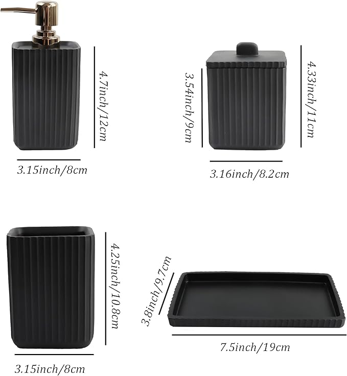 Hymmah Black Bathroom Accessories Set,Unique Design Bathroom Set 5 Pcs Resin Gift Set Apartment Necessities, Contain Cotton Swab Jar,Soap Dispenser,Soap Dish/Tray,Tumbler