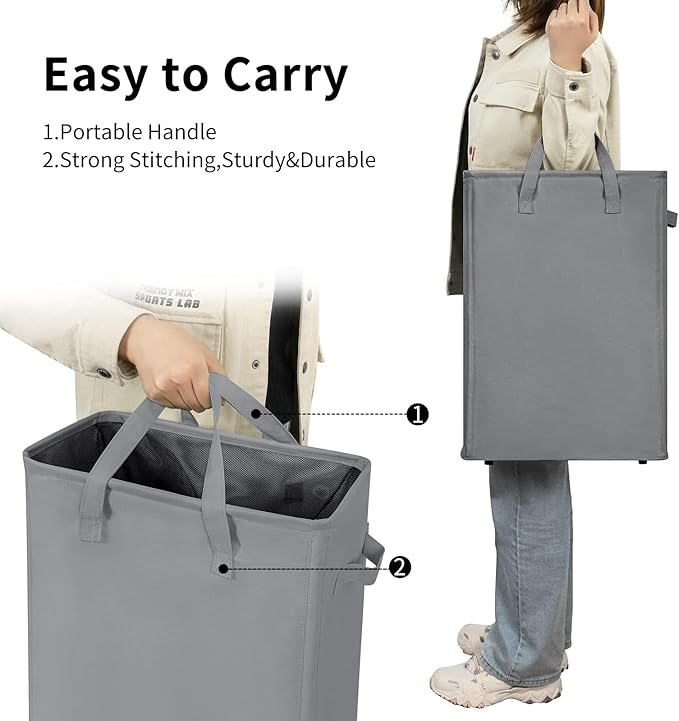 ZERO JET LAG Slim Laundry Hamper With Handles Collapsible Laundry Basket Thin Dirty Clothes Basket Narrow Laundry Bag Foldable Dirty Cloth Hamper 45L (24 inches,Grey)