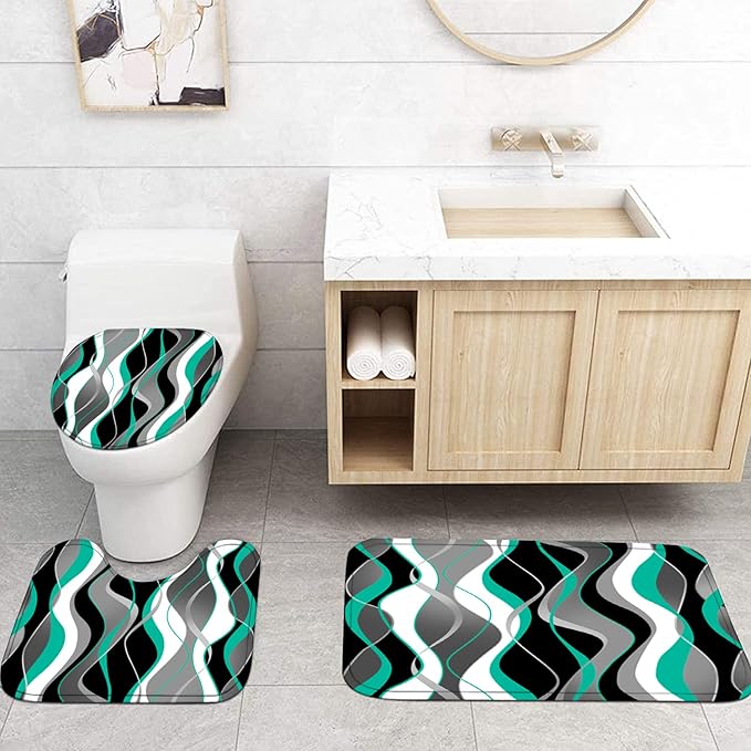Nkzply 4 Pcs Green Striped Shower Curtain Set Teal and Black Bathroom Sets with Shower Curtain and Rugs Grey Modern Bathroom Decor Turquoise Shower Curtains with Rugs and Toilet Lid Cover