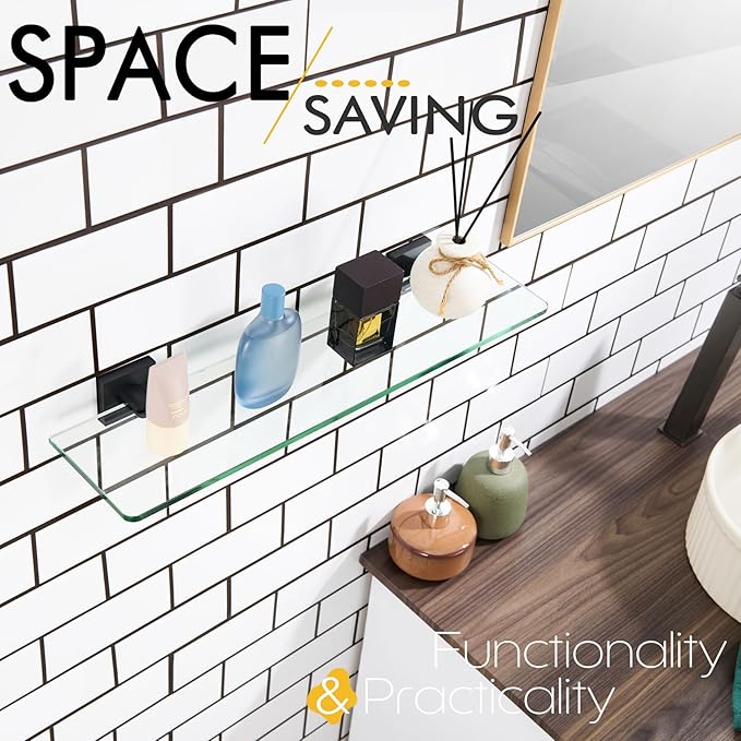 KOKOSIRI Bathroom Shelves Wall Mounted Tempered Glass Floating Shelf 20-Inch Kitchen Hanging Rack Shower Storage, Matte Black Stainless Steel B1107BK-L20