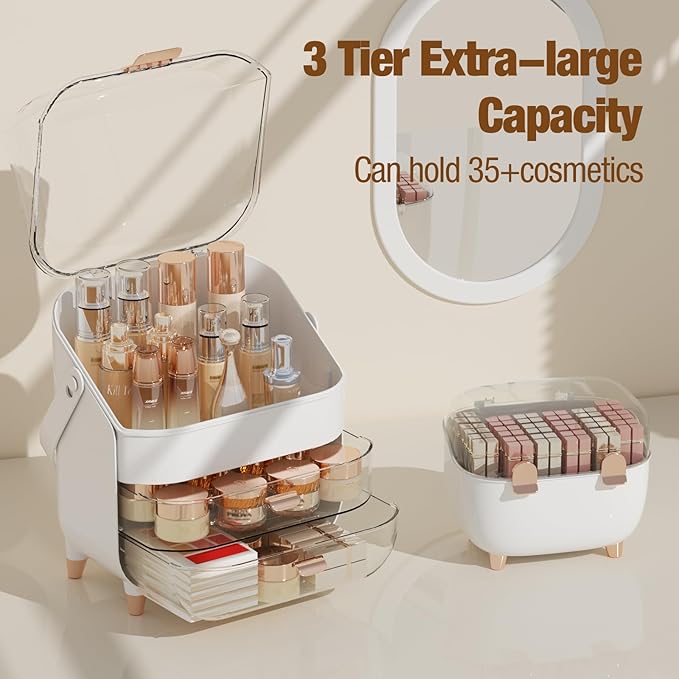 Makeup Organizer for Vanity with perfume Storage Box, Countertop Skincare Organizer with 2 Drawers, Cosmetic Display Case for Perfumes, Eyeshadow Palettes, Nail Polishes, Rose Gold
