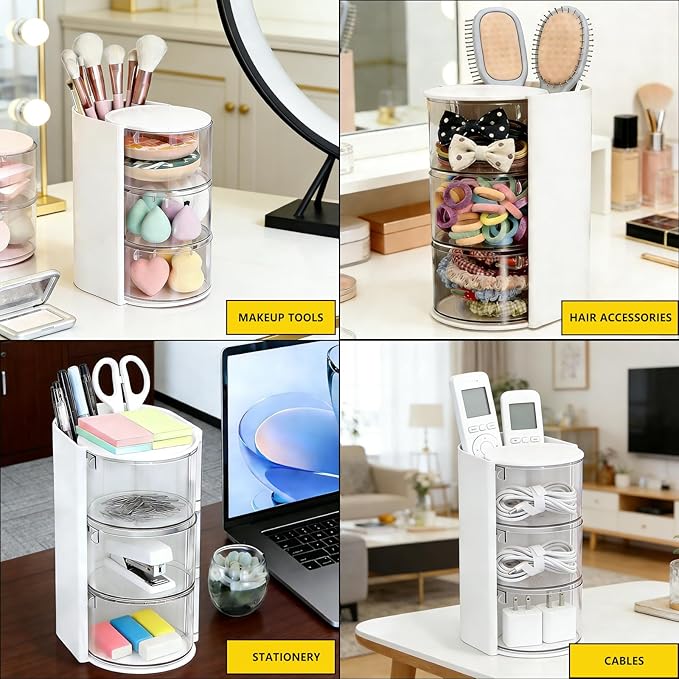 Hair Accessories Organizer With Hairbrush Holder, 3-Layer Clear Rotatable Hair Caddy And Brush Holder For Vanity, Holds Brushes, Ties, Bows, Clips & Jewelry Hair Tool Organizer Box(White)