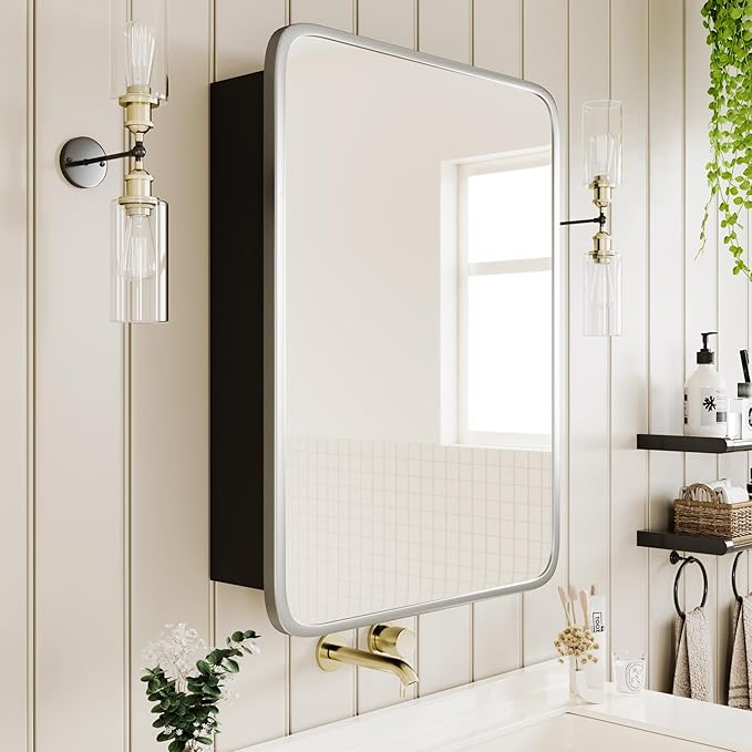 AGDULL Bathroom Wood Black Cabinet with 20''x30'' Brushed Nickel Metal Frame Curved Mirror, Recessed Medicine Cabinet, Bathroom Storage Cabinet