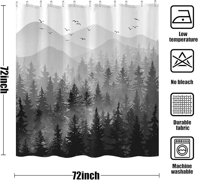 Accnicc Black Misty Forest Shower Curtain Ombre Gray Grey White Waterproof Fabric Shower Curtains for Bathroom Nature Pine Tree Mountain Woodland Decorative Bath Curtain Decor (72'' × 72'')