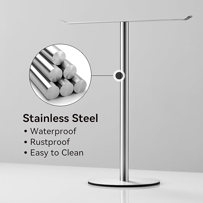 Silver Hand Towel Holder Stand ?€? Countertop T-Shaped Stainless Steel Towel Rack with Non-Slip Base for Vanity and Kitchen