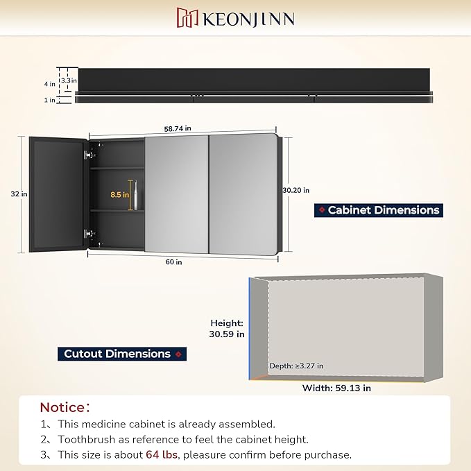 Keonjinn 60 x 32 Inch Large Brushed Brass Medicine Cabinets, Recessed Bathroom Medicine Cabinet, Dim Gold Stainless Steel Framed, Sturdy & Heavy, Adjustable Shelves, DTC Hinges, Soft Closing, Modern