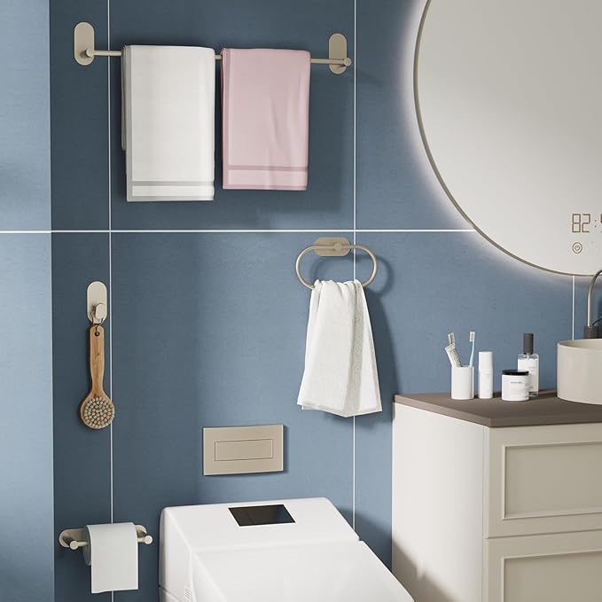 Adhesive Towel Holder for Bathroom Brushed Nickel No Drill Hand Towel Ring Stainless Steel and Zinc Alloy Self Adhesive Towel Hanger for Bath, Kitchen