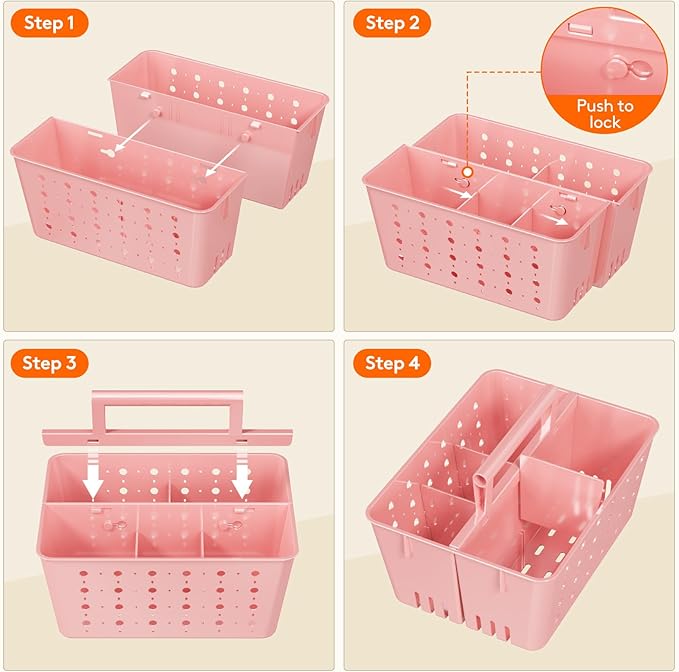 Lifewit Shower Caddy Portable, Plastic Bathroom Organizer with Handle and Holes, Hard Cleaning Basket for Toiletry Storage, College Dorm Essentials, Pink, 2 Packs