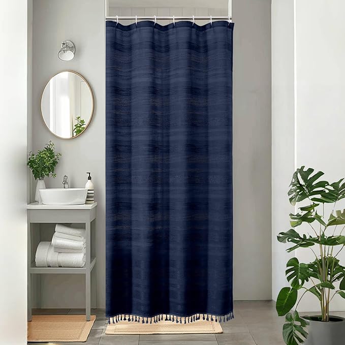 OVZME Navy Blue Boho Stall Shower Curtain, Narrow Soft Fabric Striped Linen Textured Bathroom Shower Curtain with Tassel, Modern Farmhouse Machine Washable, Bath Decor, 36Wx72L Inches