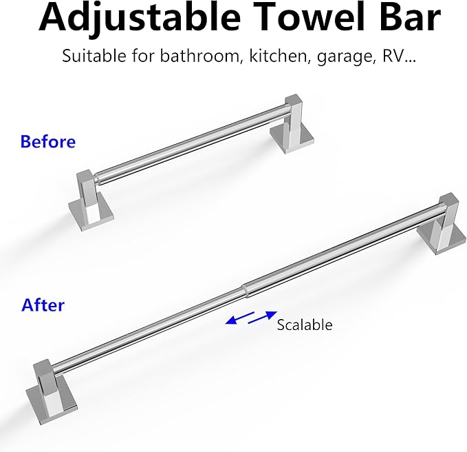Towel Bar, Adjustable 12.7inch to 23.2inch Wall Mounted Towel Rack for Bathroom, Kitchen, SUS 304 Stainless Steel Towel Rod with Square Base (Chrome)