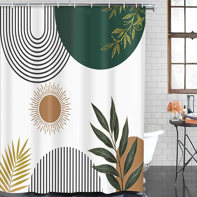 ArtSocket Mid Century Green Boho Bathroom Set with Shower Curtain and Bath Rugs and Accessories,Abstract Sun Arch Curve Leaves Geometric Non-Slip Shower Curtain Set,Bathroom Decor 3 Pcs