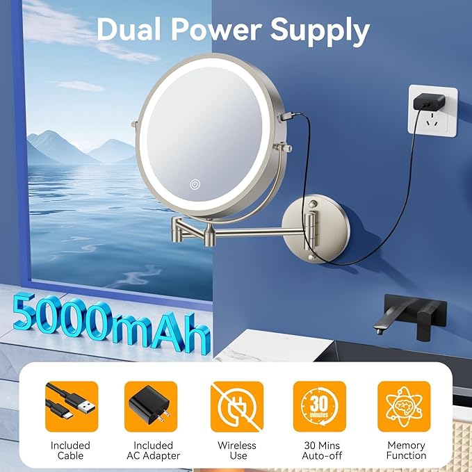 9'' 30X/1X Wall Mounted Lighted Makeup Mirror, 5000mAh Rechargeable Double-Sided Magnifying Mirror with Light, Vanity Bathroom Mirror Touch Dimmable 3 Colors 360° Rotation Extended Arm, Power Adapter