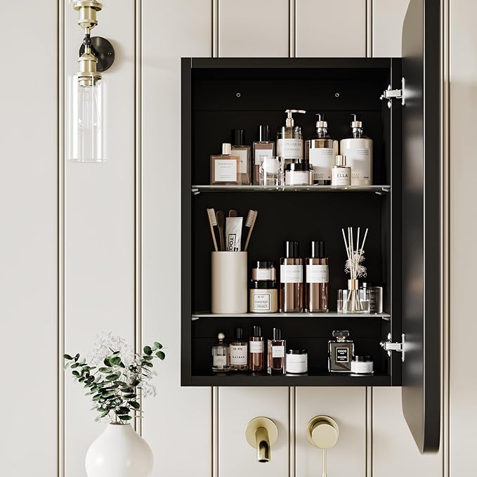 AGDULL Vintage-Style Bathroom Wood Black Cabinet with 16.5''x24'' Black Metal Frame Curved Mirror, Recessed Medicine Cabinet, in Wall or Surface Mount Bathroom Storage Cabinet