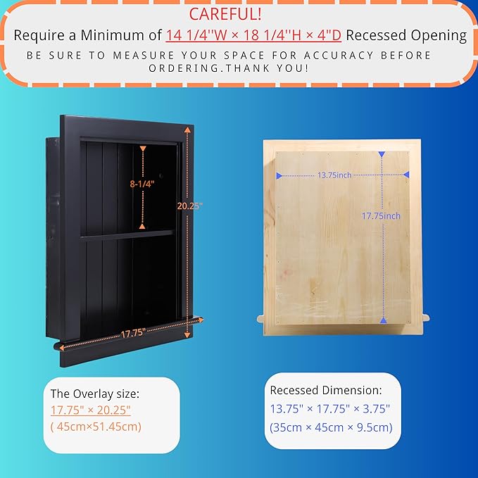 14 x 18 Medicine Cabinet Recessed, Wall Niche, Bathroom Wall Cabinet, 3-Tier, Between Studs Shelving for Drywall, Black
