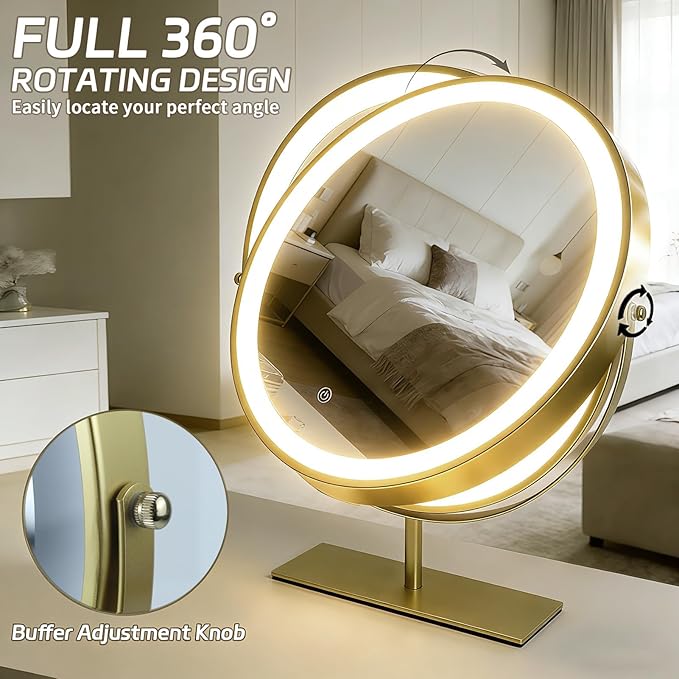 15.8-inch Round Makeup Mirror with Lights, 360° Rotating LED Three-Color Lights with Adjustable Brightness. Desktop Vanity Mirror (Gold).