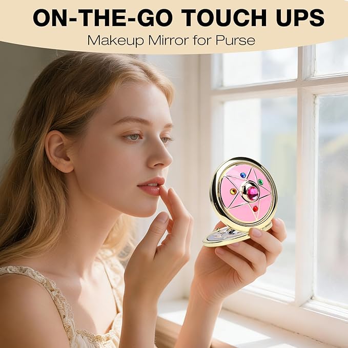 Anime Star Makeup Mirror, Cute Japanese Style Portable Folding Mirror with Crystal - 2.75 Inch Travel Purse Mirror, Unique Cosmetic Mirror & Cosplay Prop Gift for Women and Girls