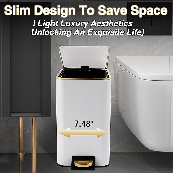 XLHOMO White Bathroom Accessories Set 8 Piece White and Gold Bathroom Set, Bathroom Sets with Stainless Steel Trash Can,Toilet Brush,Toothbrush Set,Soap Dispenser
