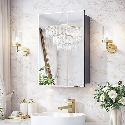 20x26 Medicine Cabinet with Mirror, 6 Adjustable Tempered Glass Shelves, Matte Black Aluminum Bathroom Storage, Soft-Close DTC Hinges, Surface or Recessed Mount, Tempered Beveled Mirror