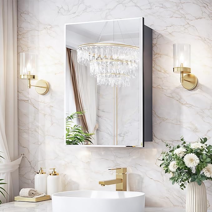 16x24 Medicine Cabinet with Mirror, 6 Adjustable Tempered Glass Shelves, Matte Black Aluminum Bathroom Storage, Soft-Close DTC Hinges, Surface or Recessed Mount, Tempered Beveled Mirror