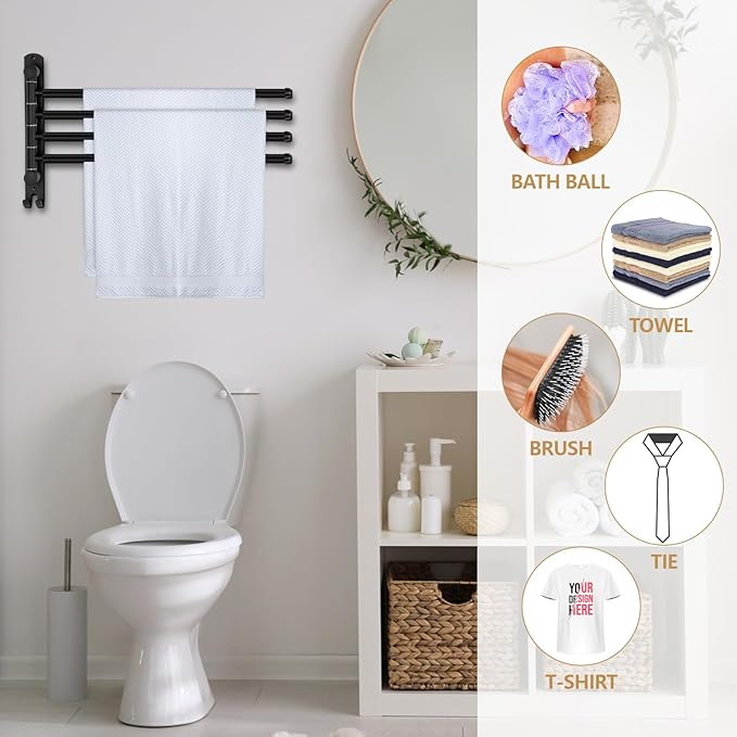 Teenyyou 20.4 Inches Swivel Towel Rack 304 Stainless Steel 4 Arms Bathroom Towel Rack Hanger Pool Holder Wall Mounted Swivel Bar Space Saving with Hook(Black)