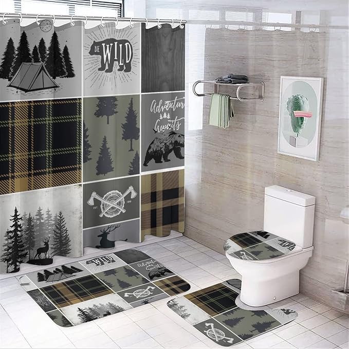 Rustic Cabin Bear Deer Shower Curtain Sets with Rugs 4 Piece Accessories Bathroom Curtains Shower Set Include Shower Curtain Non-Slip Rug Toilet Lid Cover Bath Mat One Size