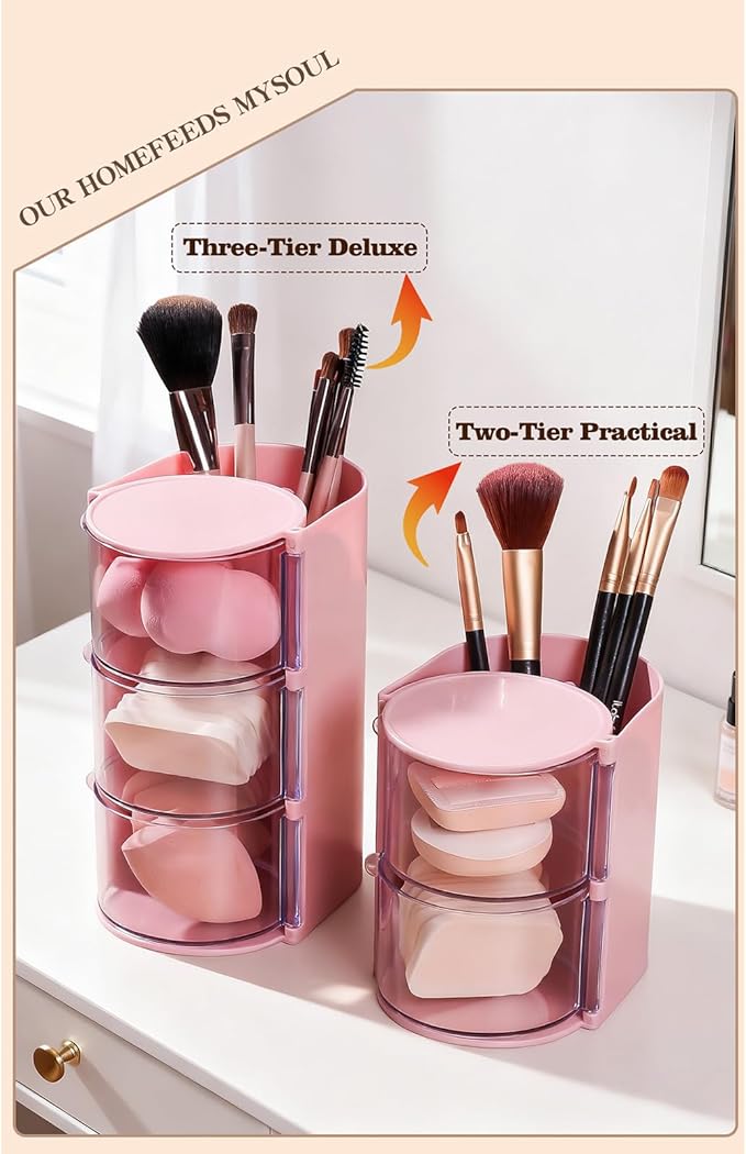 2-Layer (pink) Clear Hair Accessories Organizer,with Hair Brushes Holder Rotatable Small Jewelry Box for Hair Clip, Earring Necklaces, Makeup Brush, Hair Accessories.