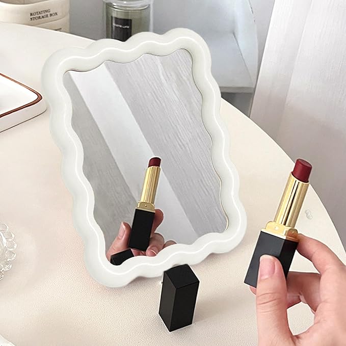 Wave Shaped Table Desk Vanity Makeup Mirror Cute Portable Travel Folding Make Up Mirror for Standing Hanging 6.7X5.3 Inch Home Decoration (White)