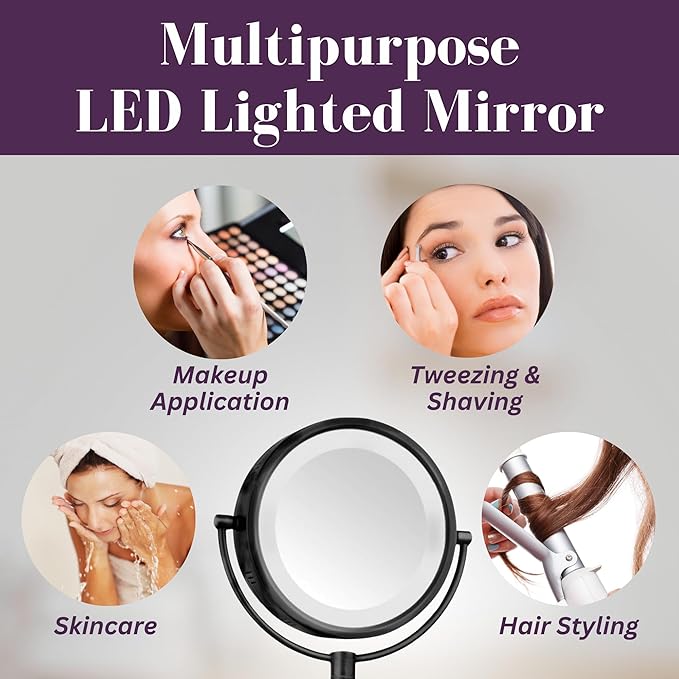 JERDON Wall-Mounted Makeup Mirror with 5X Magnification - Black Makeup Mirror with LED Lights - Plug in - Model HL65BK