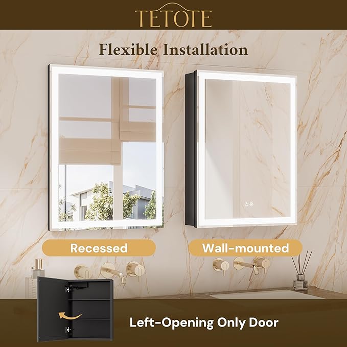 TETOTE 20 x 26 Lighted Bathroom Medicine Cabinet with Adjustable Shelves, Black Aluminum Cabinet, Anti-Fog Stepless Dimmable 3 Colors White/Warm/Natural, Easy to Install(Wall Mount/Recessed)