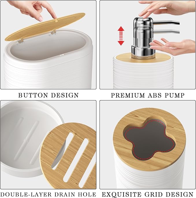 XLHOMO White Bathroom Set - 10PC Bathroom Accessories Set, Luxury Bathroom Accessory Set with Trash Can,Toilet Brush & 2 PC Soap Dispensers for Apartment Decor and Housewarming