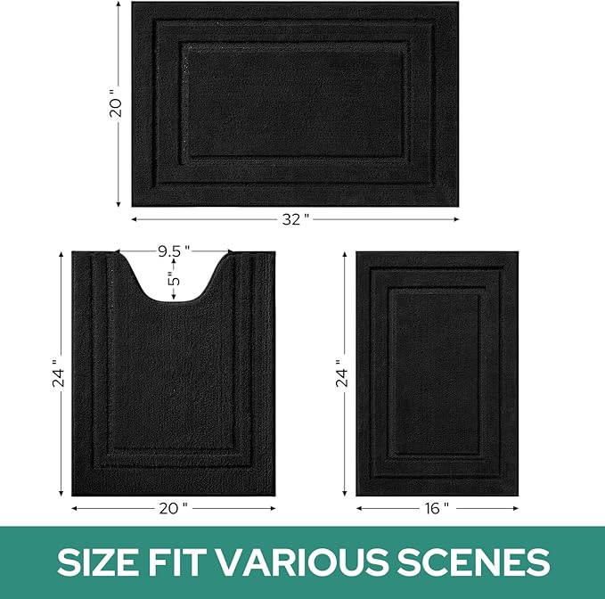 HOMEIDEAS Bathroom Rugs Sets 3 Piece, Super Soft and Absorbent Non Slip Microfiber Toilet Bath Mat with U-Shaped (Black)
