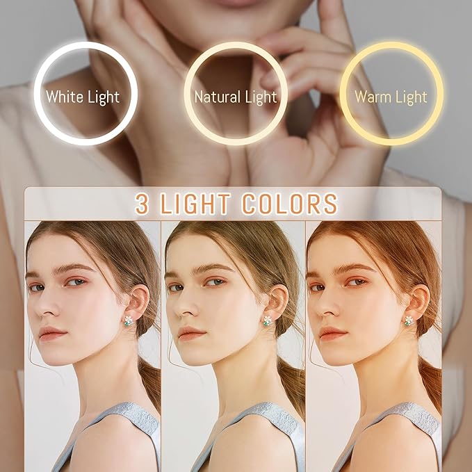 Auxmir 8'' Wall Mounted Lighted Makeup Mirror, 3200mAh Rechargeable Double-Sided 1X/20X Magnifying Mirror with Light, Touch Dimmable 3 Color Light, 360° Rotation Foldable Extended Arm, White